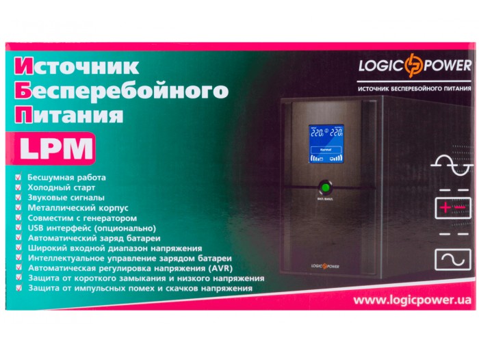 ДБЖ LogicPower LP4977 LPM-L625VA в металевому корпусі з LCD дисплеєм та 2 євророзетками (437Вт) AVR 7.5Ач 12В (чорний)
