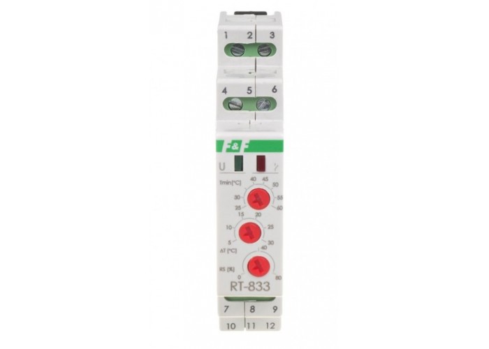 Терморегулятор на DIN рейку F&F RT-833 230В (вентилятор 6А DC, реле 10А)