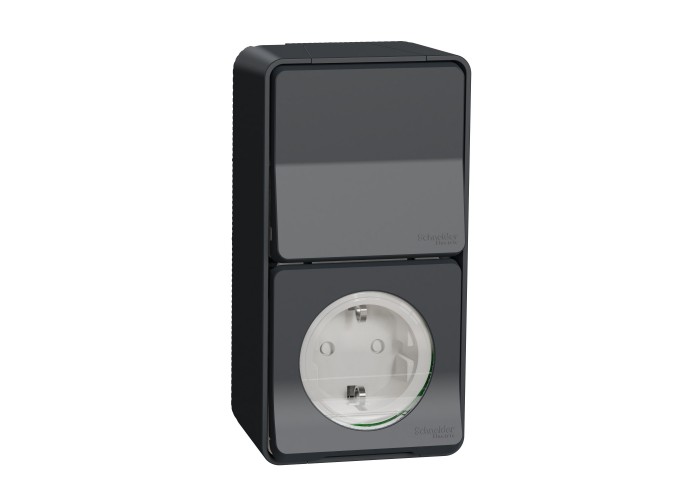 Накладний блок вимикач+розетка Schneider Electric MUR36024 із з/к IP55 (антрацит)