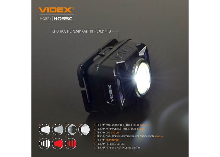 Світлодіодний налобний ліхтарик Videx 410Лм 5000K (VLF-H035C)