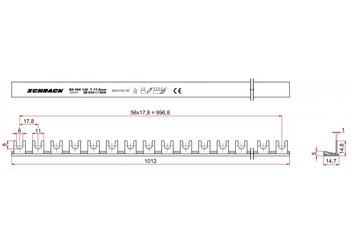 Збірна U-подібна шина Schrack BS900140 1P 10мм²