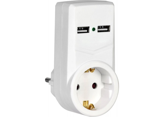 Мережевий адаптер IEK Т-01/01 2P+PE 16А 2хUSB 2,1A білий (WTP10-16-01-ZKU-K01)