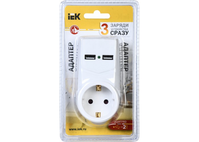 Мережевий адаптер IEK Т-01/01 2P+PE 16А 2хUSB 2,1A білий (WTP10-16-01-ZKU-K01)