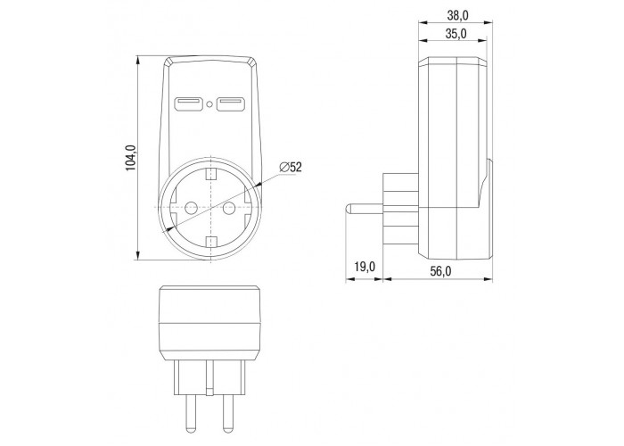 Мережевий адаптер IEK Т-01/01 2P+PE 16А 2хUSB 2,1A білий (WTP10-16-01-ZKU-K01)