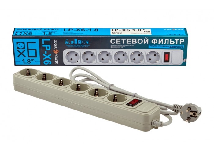 Мережевий фільтр LogicPower LP-X6, 6 місць, 1,8м