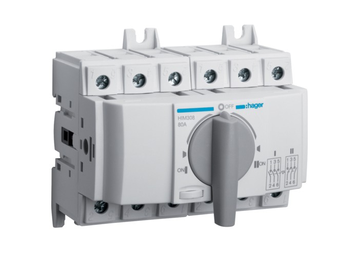 Перемикач Hager HIM308 I-0-II 80А 400/690В 3P 6м