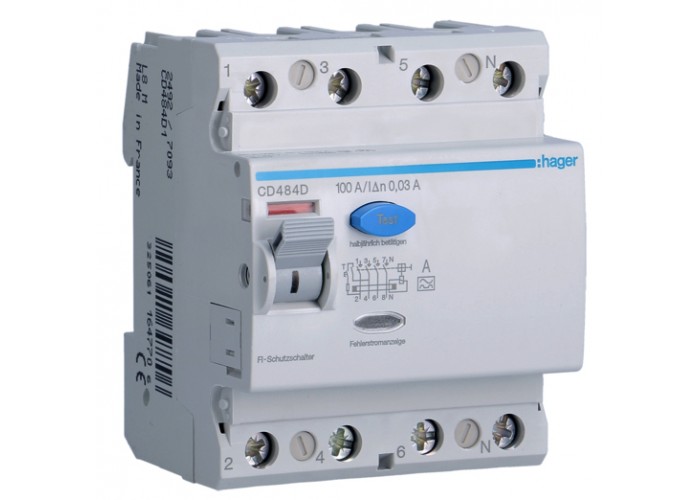 УЗО Hager CD484D, 4х100 А 30 мА, А, 4м