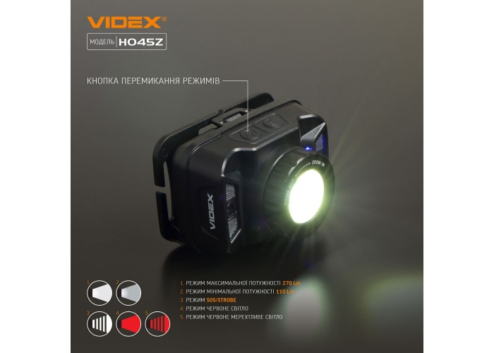 Світлодіодний налобний ліхтарик Videx 270Лм 5000K (VLF-H045Z)