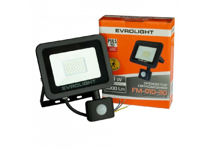 Світлодіодний прожектор Evrolight FM-01D-30 30Вт 6400К з датчиком руху (57052)