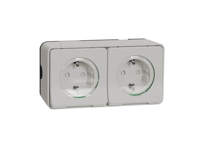 Накладна 2-місна розетка Schneider Electric MUR39035 із з/к та шторками IP55 (біла)
