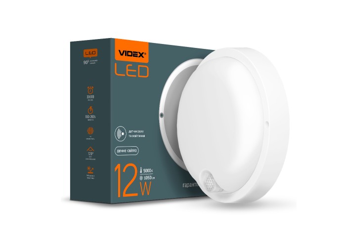 Круглий світильник Videx 12Вт 5000K IP54 із сенсором ІЧ (VL-BHR-125W-SP) білий
