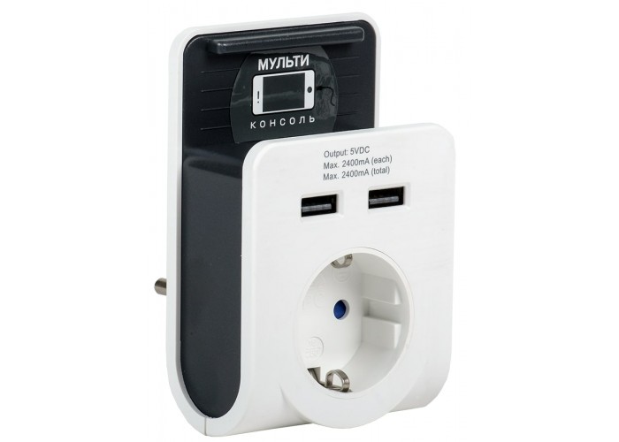 Мережевий адаптер IEK Т-02/01 2P+PE 16А 2хUSB 2,4А з підставкою (WTP11-16-01-Z-K01)