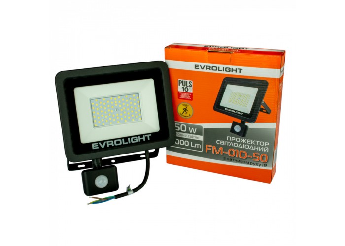 Світлодіодний прожектор Evrolight FM-01D-50 50Вт 6400К з датчиком руху (57051)