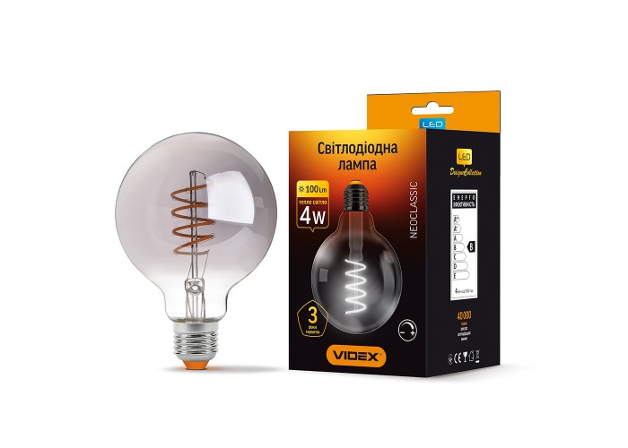 Диммована філаментна лампа Videx Filament G95FGD E27 4Вт 2100K (VL-G95FGD-04272) графіт