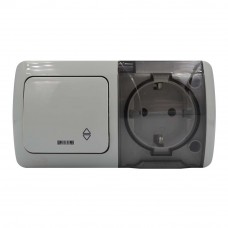 Вимикач EVA сірий 1кл прохідний з підсвіткою + Розетка з заземленням з кришкою IP54 ( 554-011500-930 )
