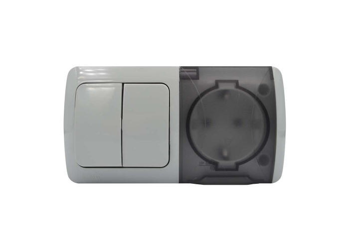 Вимикач EVA сірий 2кл + Розетка з заземленням з кришкою IP54 ( 554-011500-922 )