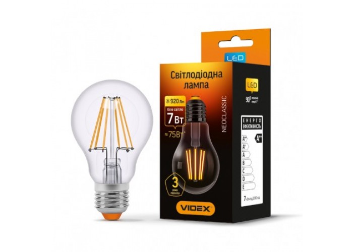 Лампа светодиодная VIDEX Filament A60F 7W E27 4100K 220V (23671)