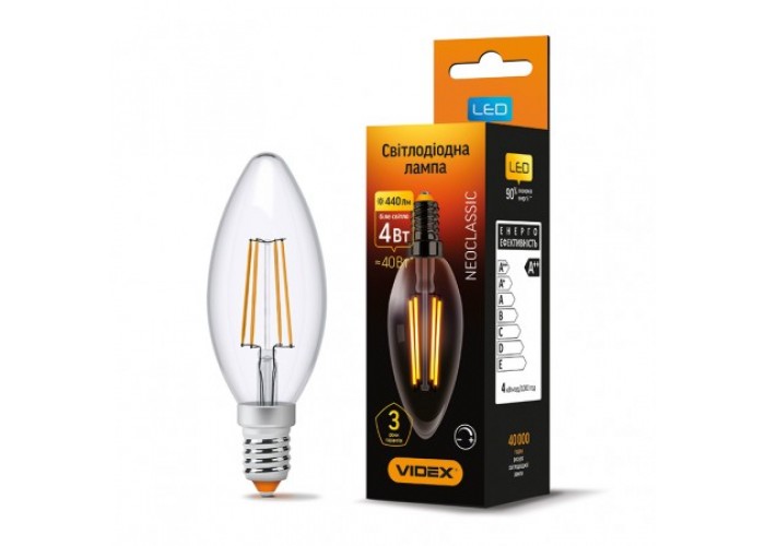 Лампа светодиодная VIDEX Filament C37FD 4W E14 4100K 220V диммерная (23927)