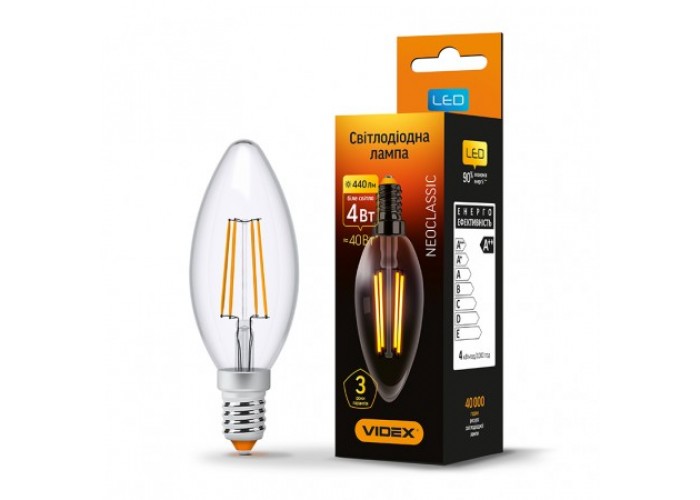 Лампа светодиодная VIDEX Filament C37F 4W E14 4100K 220V (23680)